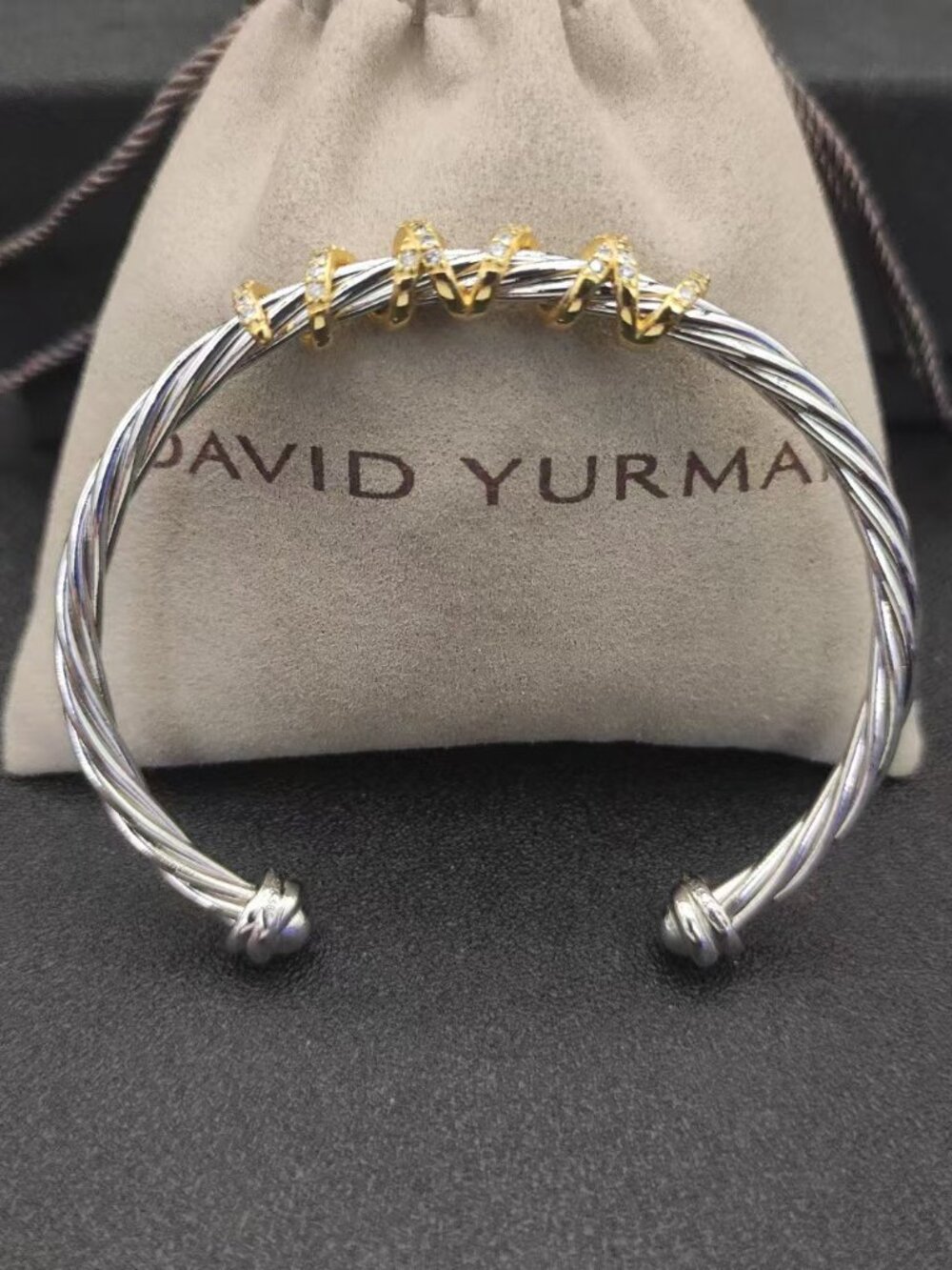 David Yurman Two‑Tone Cuff Bracelet Pave Accent Twisted Cable Design